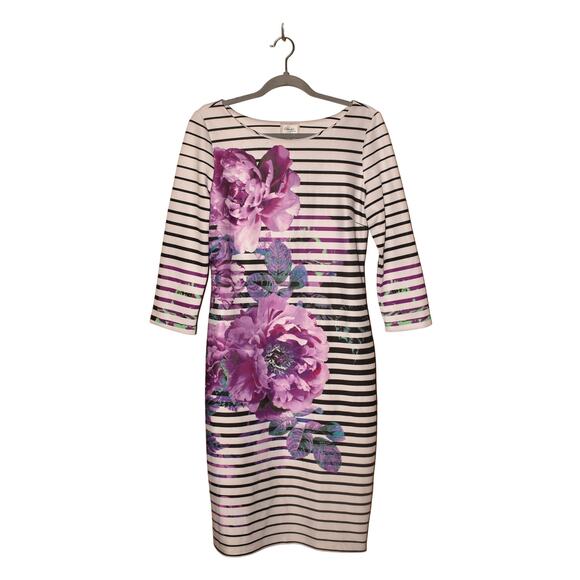 BEIGE BY ECI‎ $148 Scuba Knit Floral Print Striped Sheath Dress 3/4 Sleeves 10 - Picture 1 of 4